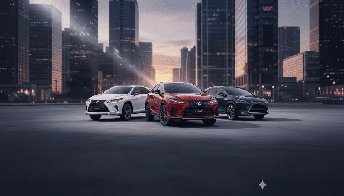 都会の夕暮れの街並みを背景に、白、赤、青のレクサスRXとNXが駐車されている様子。レクサスの高級感と洗練されたデザインが際立つ。