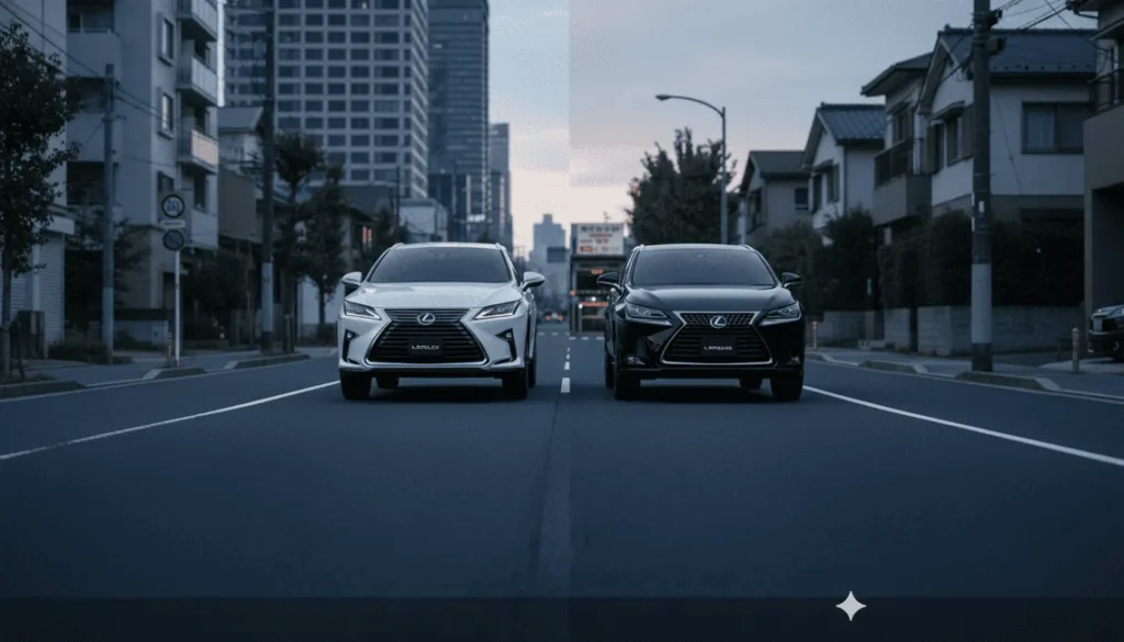 街中でレクサスRX（白）とレクサスNX（黒）が並んで駐車されており、それぞれのサイズ感の違いが比較できる。RXはNXよりも堂々とした印象。