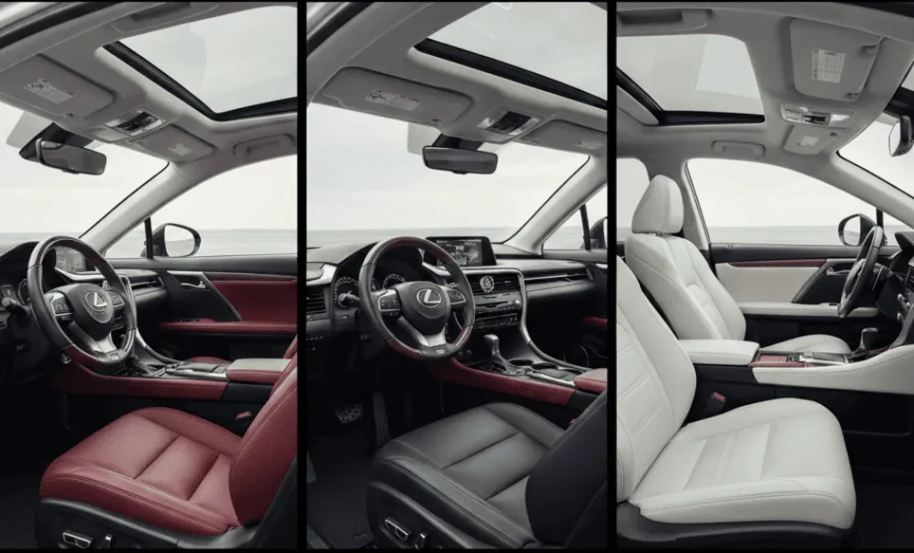 レクサスRXの異なる内装色（ダークローズ、ブラック、ソリスホワイト）を比較する3枚の画像。それぞれのシートと内装の質感が明確に表現されている。