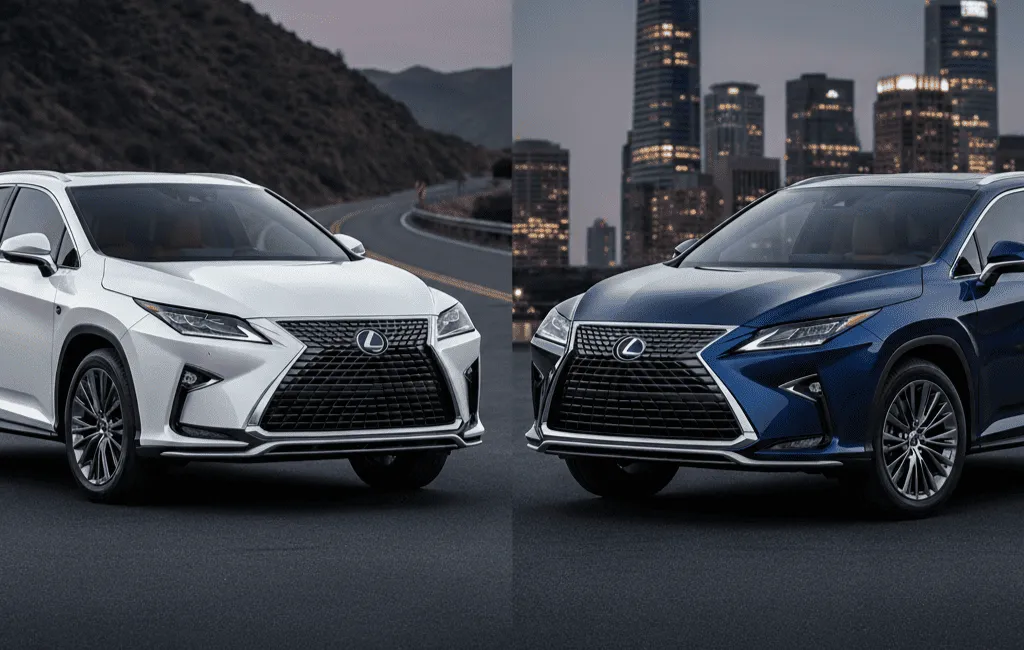 レクサスRXの「F SPORT」（白）と「version L」（青）が並べられ、それぞれのデザインが比較できる。F SPORTはスポーティな印象、version Lは洗練された印象。