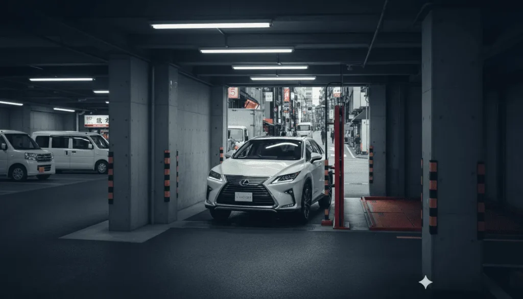 レクサスRXが機械式駐車場の入り口に差し掛かっている様子。駐車場の看板には全幅制限の注意書きがあり、RXの大きなサイズが問題となる可能性を示唆している。