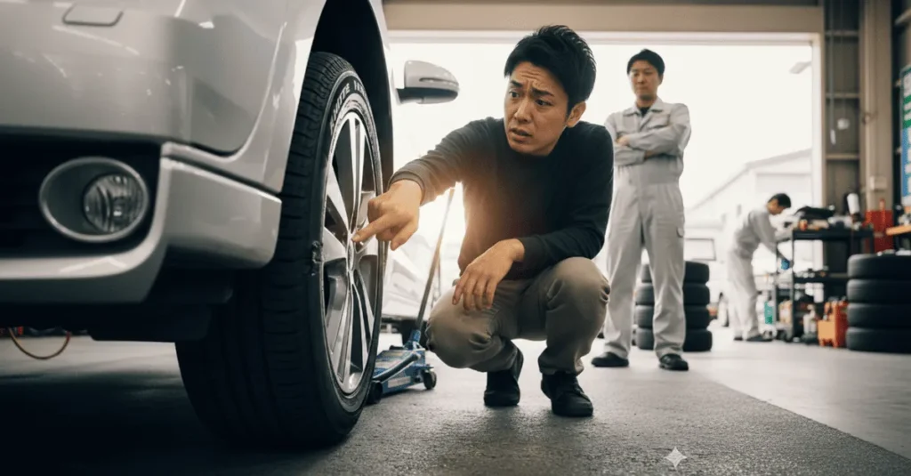 タイヤのサイドウォールにえぐれを見つけ、不安そうに指差す男性と、それを見つめる整備士