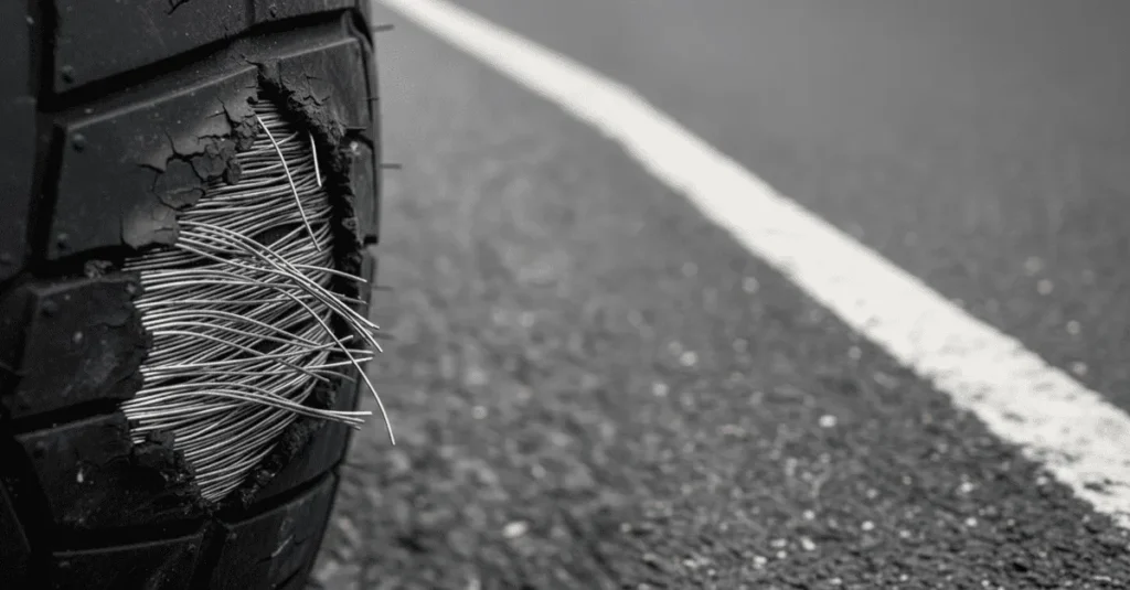 サイドウォールが深くえぐれ、内部のワイヤーが完全に露出した危険なタイヤ