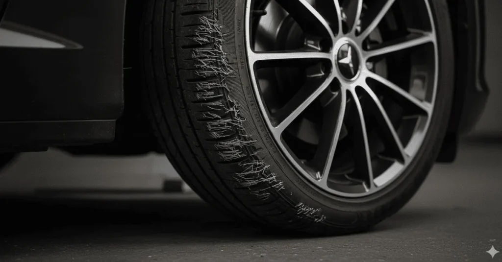 サイドウォールからワイヤーが露出した、交換必須な危険なタイヤ