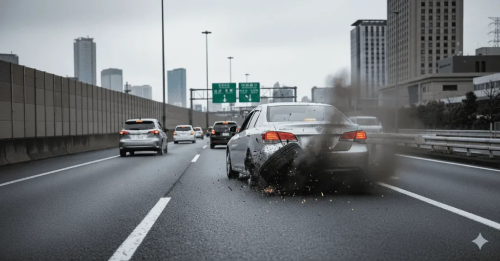 高速道路で走行中にタイヤがバーストし、コントロールを失いかける車の様子