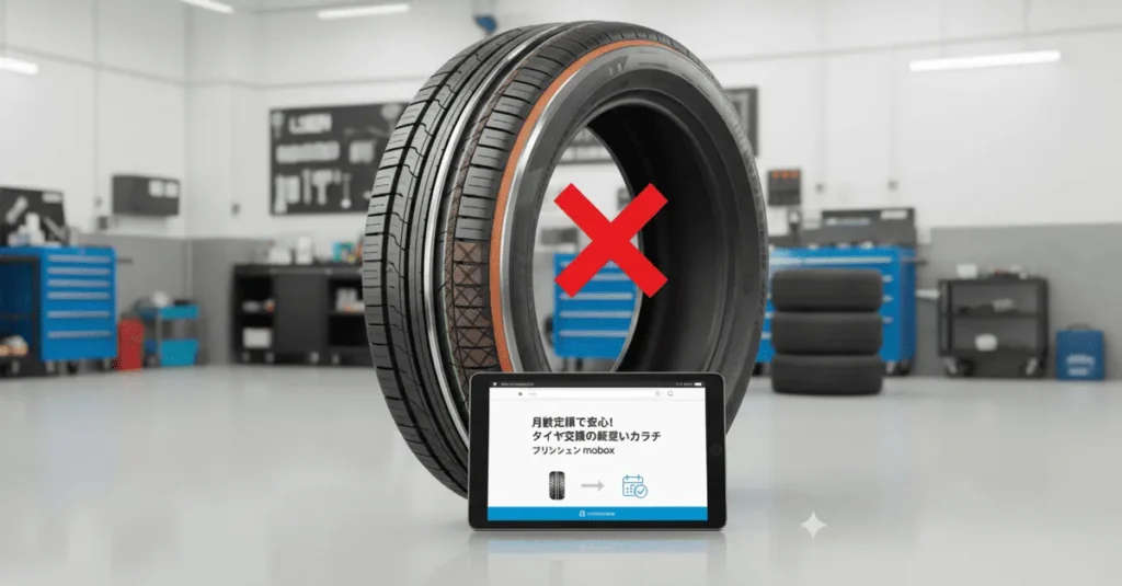 サイドウォールが薄く、修理に適さないタイヤの断面図と、月額定額サービスのタブレット表示