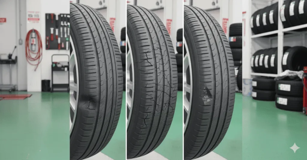 ピンチカット(こぶ)、ひび割れ、深いえぐれがある危険なタイヤの比較画像