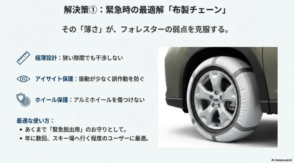 SK系フォレスターの狭いクリアランスでも装着可能な布製チェーンオートソックのメリット図解