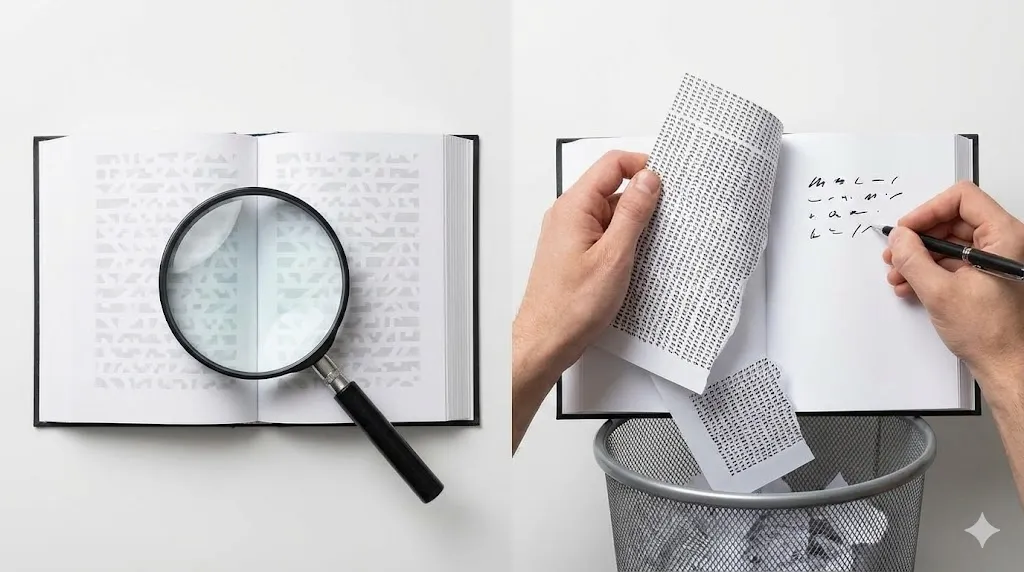 左側は虫眼鏡で本を見る様子で「削除(データは残存)」を、右側は古いページを破り捨てて新しいページに書き込む様子で「上書き(データ消滅)」を表現した、テキストを含まない概念的な比較写真。