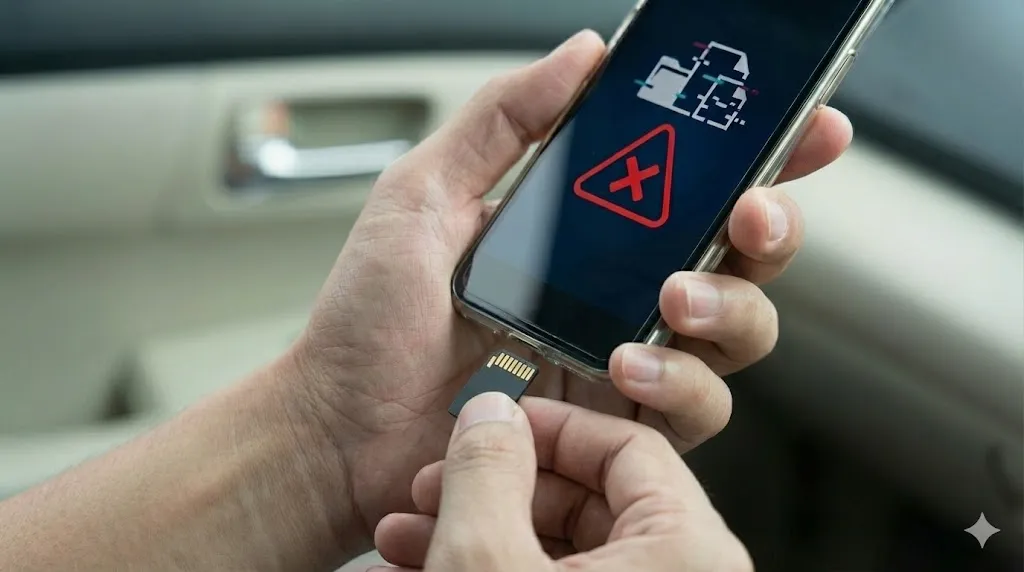 スマートフォンにmicroSDカードを接続しようとする手元のクローズアップ写真。画面には警告を示す赤いバツ印とデータ破損のアイコンが表示され、SDカードからデータが崩れるようなエフェクトが描写されている。