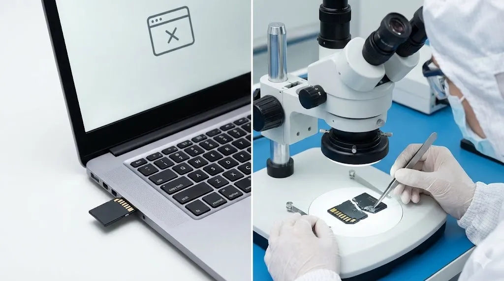 SDカードの障害レベルを比較する写真。左側はPCでソフトウェアエラーが表示される「論理障害」、右側は物理的に破損したカードを顕微鏡と精密工具で修復する「物理障害」の様子を、テキストなしで対比している。