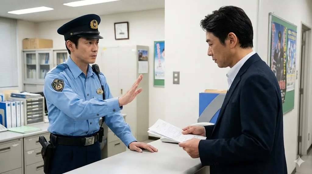 日本の警察署の窓口で、制服を着た警察官が書類を持つ男性に対して、手で「できない」というジェスチャーをして民事不介入を伝えている様子を捉えた写真。テキストは含まれない。