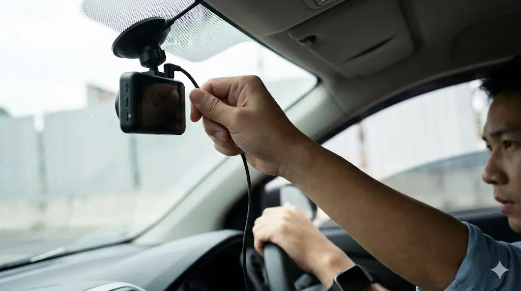 事故直後の車内で、ドライバーがフロントガラスに設置されたドライブレコーダーから電源ケーブルを素早く引き抜いている緊迫した瞬間の写真。上書きを防ぐための物理的なアクションを強調している。