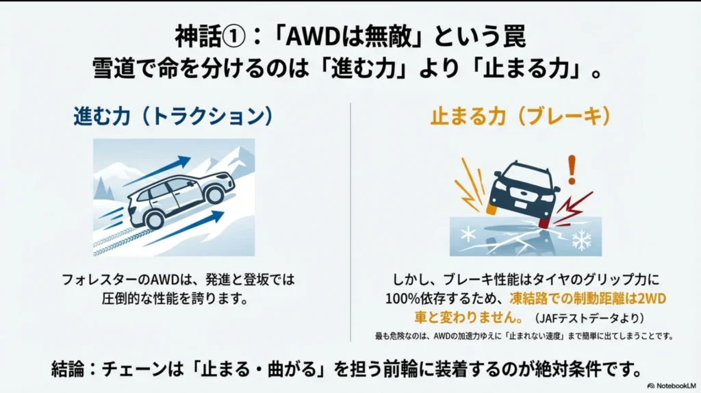 フォレスターのAWDと2WDにおける雪道・氷盤路での制動距離比較テストデータ図解