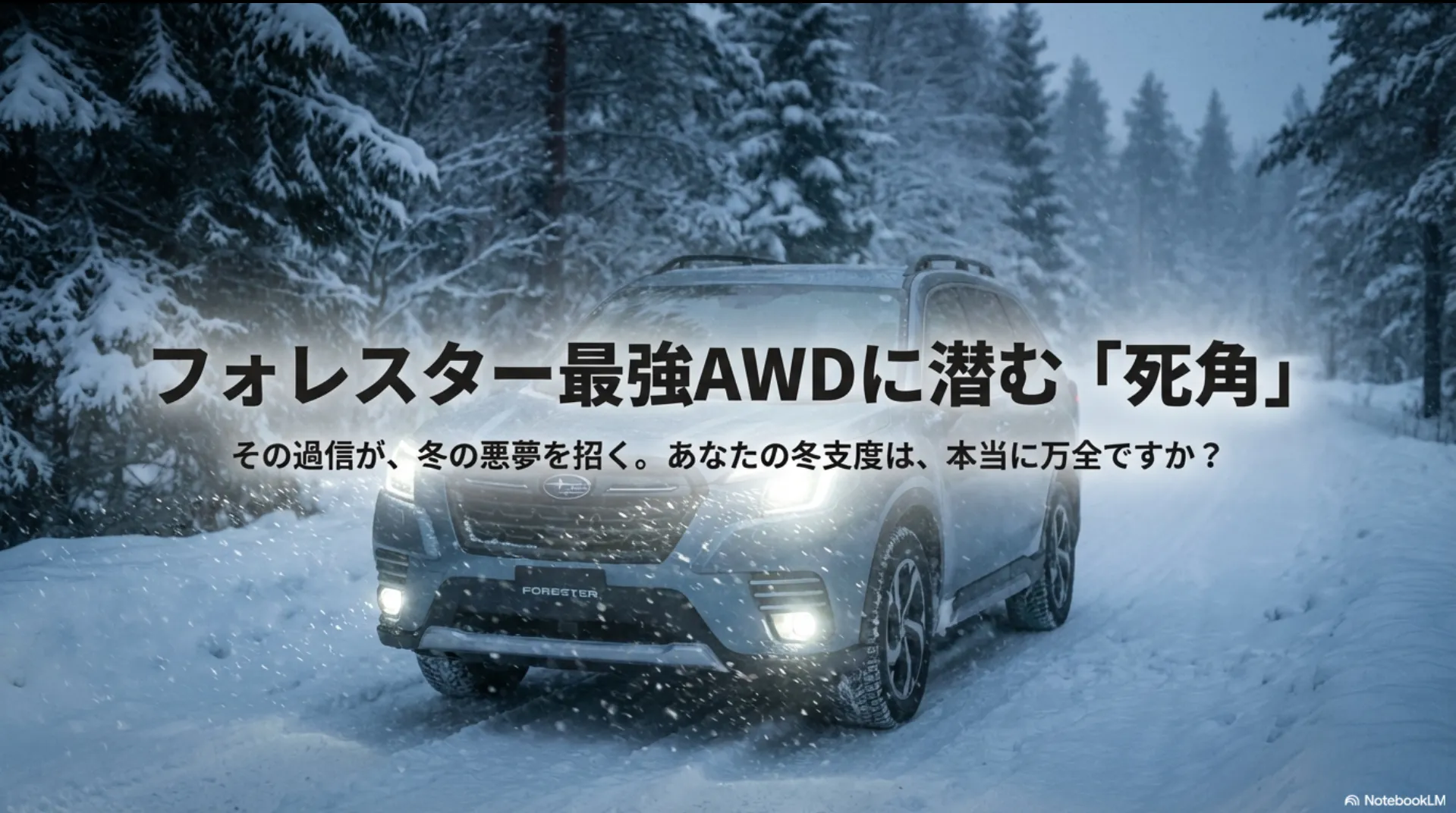 雪道を走行するスバル フォレスターのアイキャッチ画像。「最強AWDに潜む死角」というテキストで雪道運転の過信を警告している。
