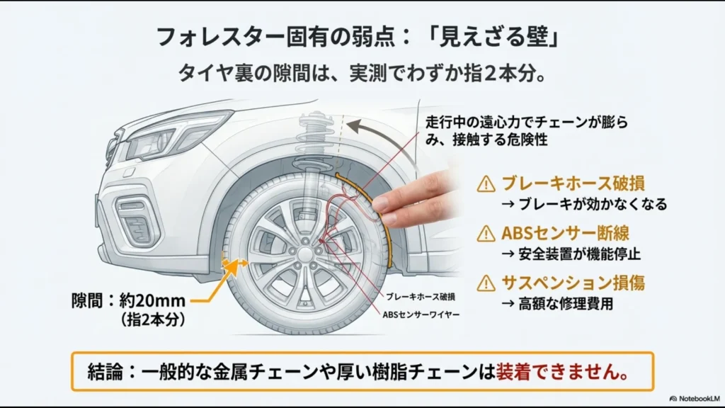 SK系フォレスターのタイヤハウス内側とサスペンションの隙間が20mmしかない様子を示す図解