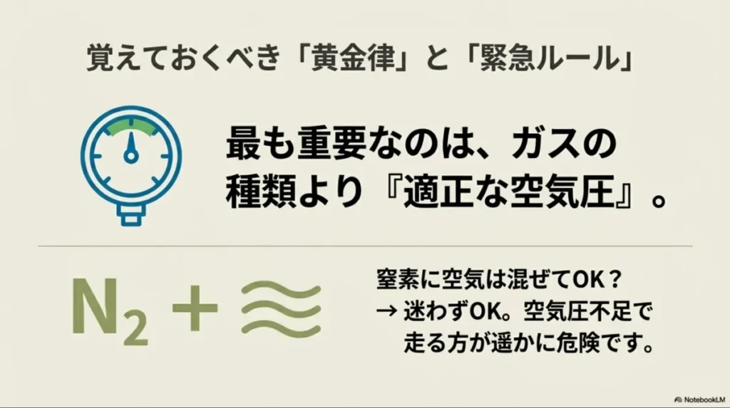 窒素ガスが入ったタイヤに通常の空気を混ぜても問題ないことを示す図と、ガスの種類より空気圧が重要であるという黄金律。
