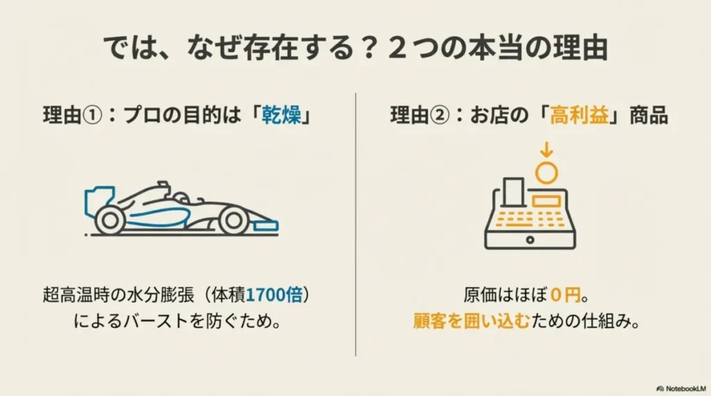 タイヤショップが窒素を販売する利益的な理由と、F1マシンがタイヤのバーストを防ぐために窒素を使用する理由を対比させた図。