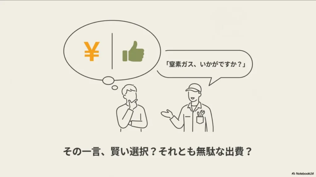 ガソリンスタンドの店員にタイヤの窒素ガス充填を勧められて迷っているドライバーのイラスト