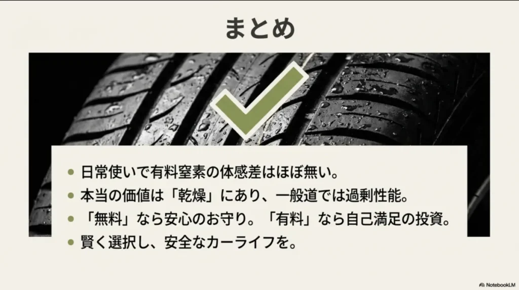 タイヤ窒素ガスの真実に関するまとめ。日常使いでは体感差がないことや、乾燥機能の価値、賢い選択方法を箇条書きにしたリスト。