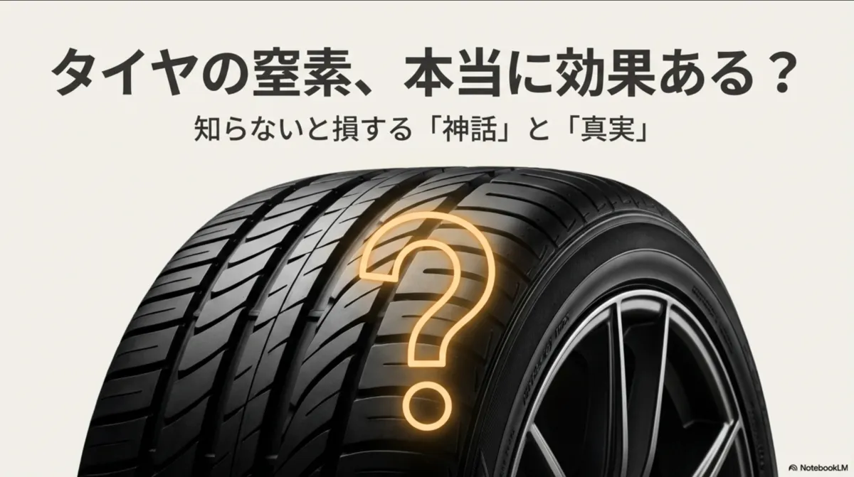 タイヤの接写画像に疑問符が浮かんでいるアイキャッチ。キャッチコピー：「タイヤの窒素、本当に効果ある？知らないと損する『神話』と『真実』」