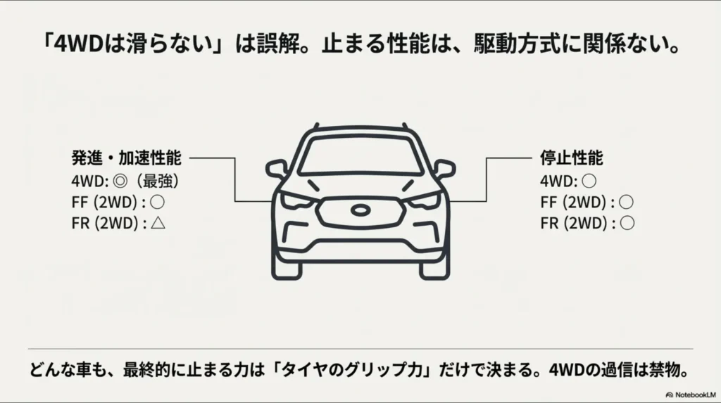 駆動方式別の雪道性能比較。発進・加速性能は4WDが最強だが、停止性能に関しては4WD、FF、FRすべて同等であることを示す図。