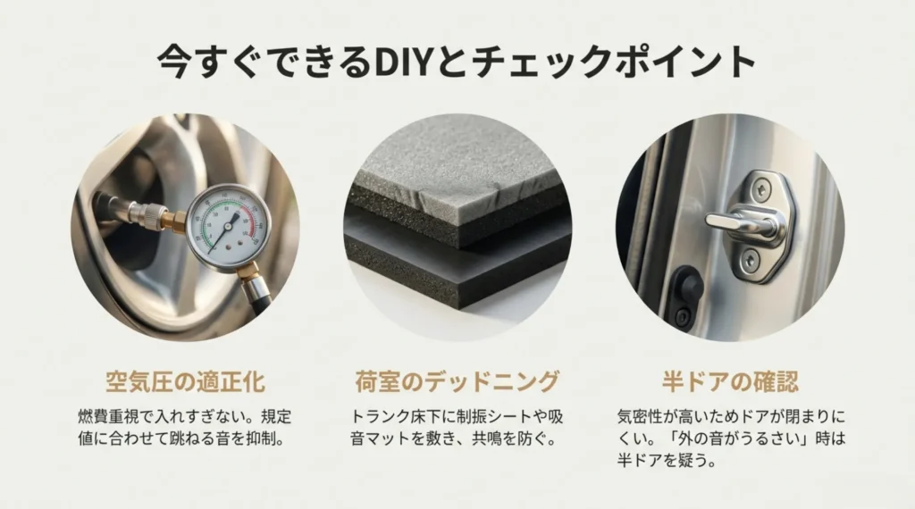 日産オーラのタイヤ空気圧適正化と、荷室（トランク）への制振シート施工によるデッドニング対策の手順