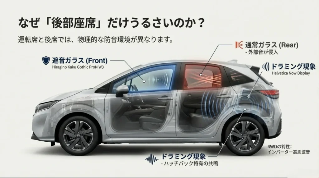 日産オーラの車体透視図。前席の遮音ガラスと後席の通常ガラスの違い、およびハッチバック特有のドラミング現象の解説