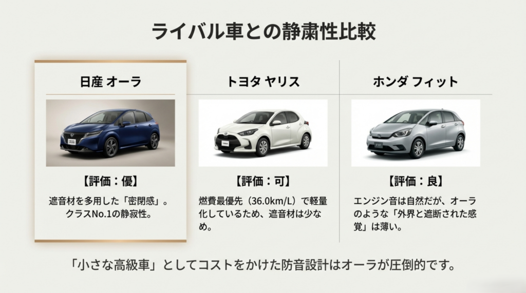 日産オーラ、トヨタヤリス、ホンダフィットの静粛性と防音設計を比較した評価一覧表