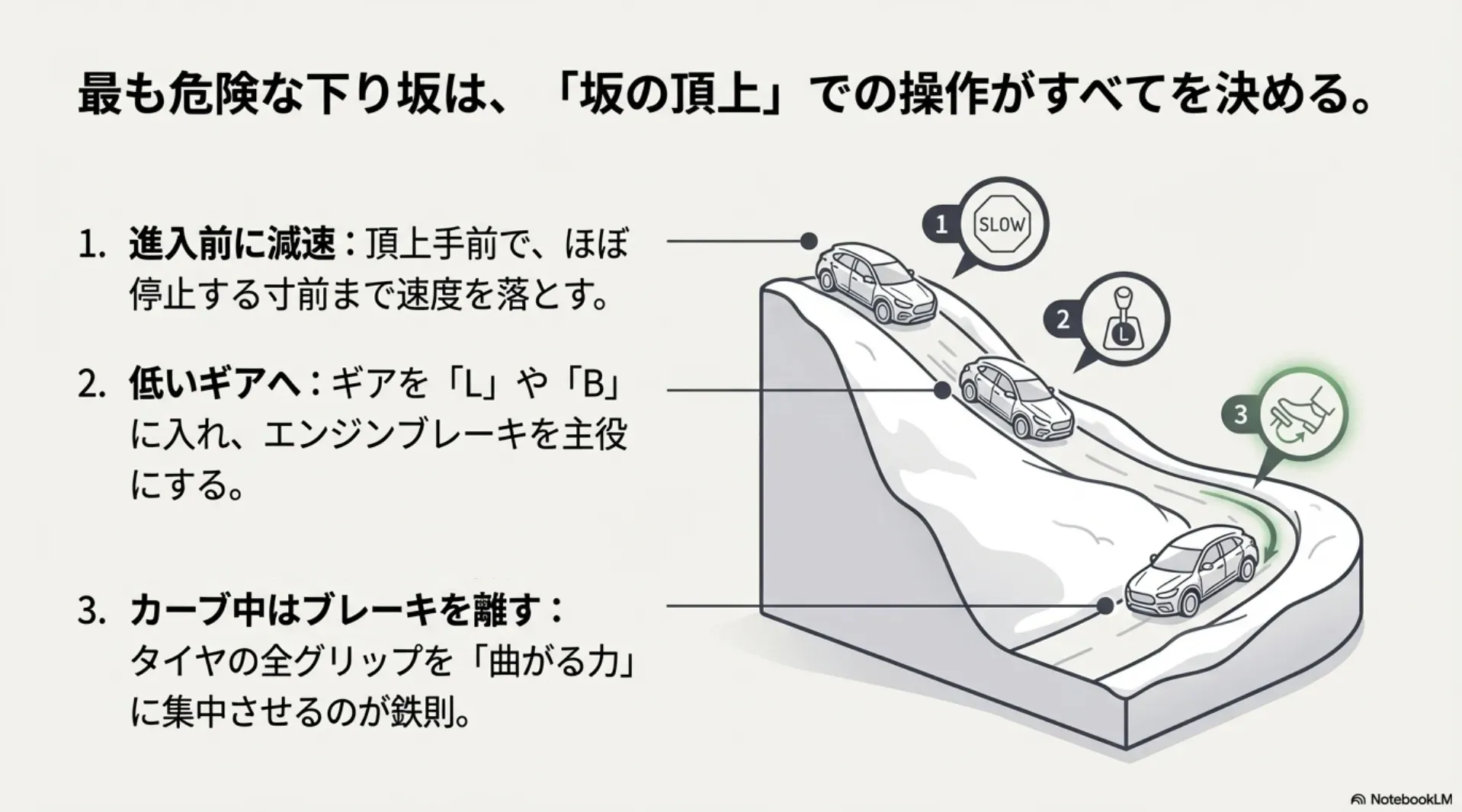 雪道の下り坂攻略法。1.進入前に減速、2.低いギアでエンジンブレーキ、3.カーブ中はブレーキを離してグリップを確保する手順。