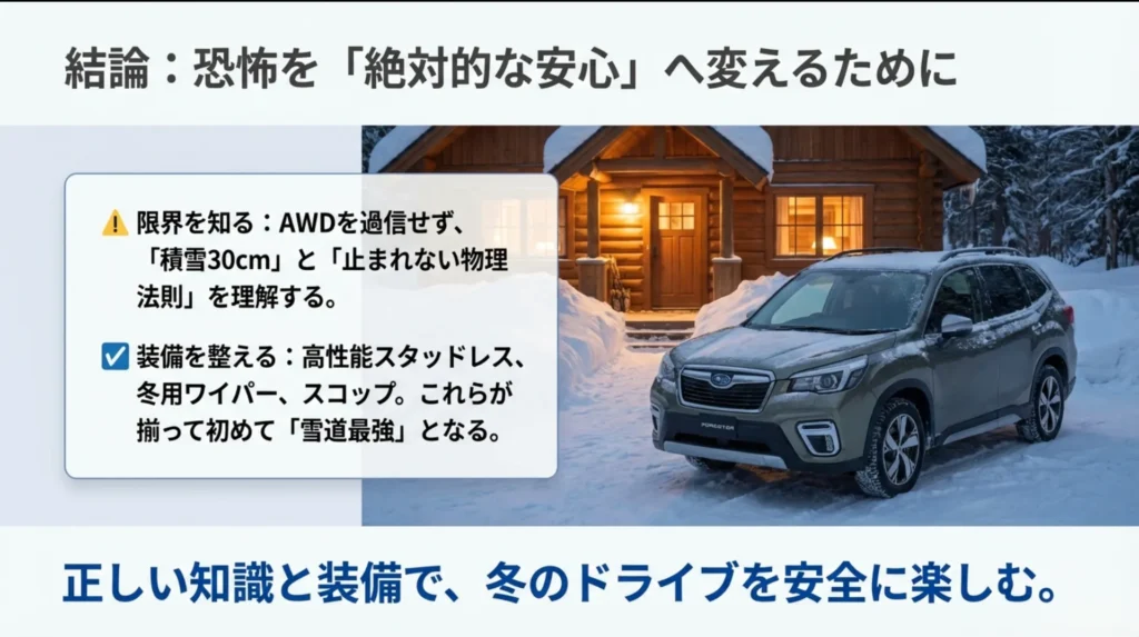 フォレスター雪道走行の結論まとめ：AWDの限界を知り、タイヤと装備を整えることで絶対的な安心を手に入れる