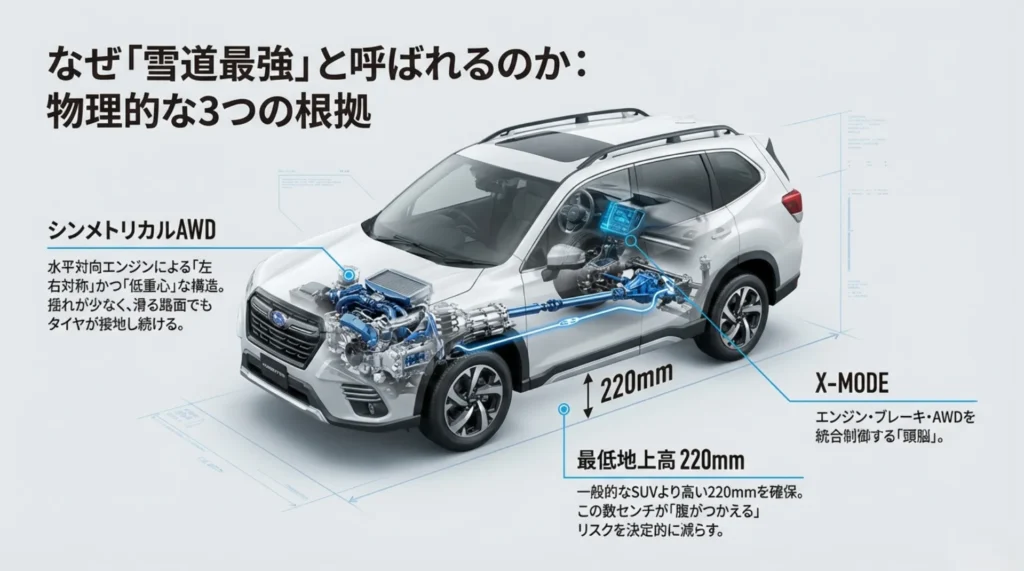フォレスターが雪道最強と言われる3つの物理的根拠：シンメトリカルAWD、最低地上高220mm、X-MODEの統合制御