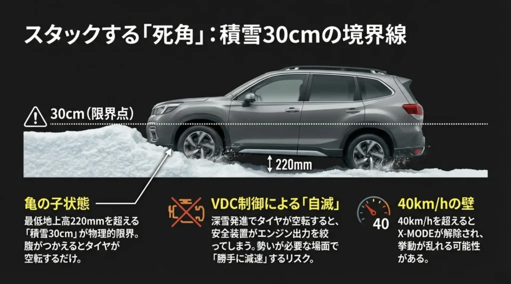 フォレスターのスタック限界ライン：最低地上高220mmを超える積雪30cmで発生する亀の子状態の図解