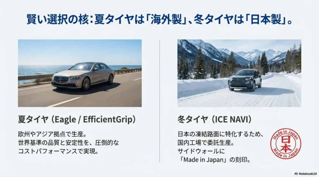 夏タイヤはコスパ重視の海外製、スタッドレスタイヤは安心の日本製という生産拠点の使い分け