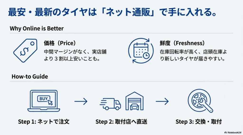 中間マージンがなく新鮮なタイヤが届くネット通販の仕組みと購入から取付までの3ステップ