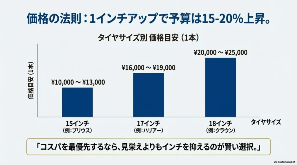 15インチから18インチへインチアップするごとのタイヤ価格の上昇幅を示した棒グラフ