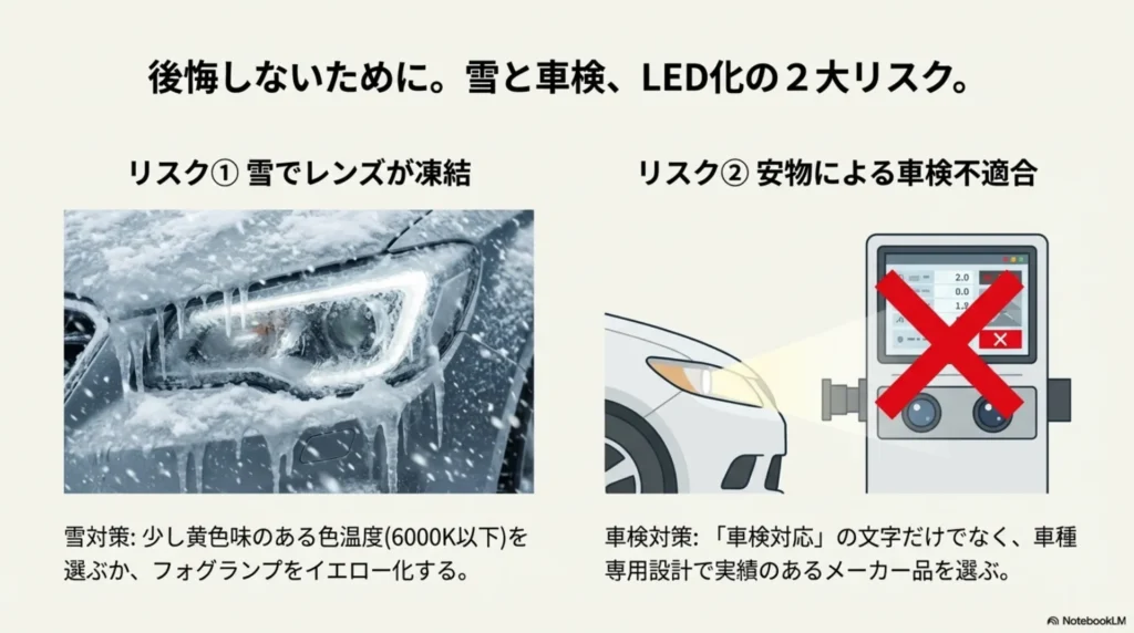 雪が付着して凍結したヘッドライトの写真と、光軸テスターで不合格（×マーク）が出ているイラスト。LED化のリスクを表現。