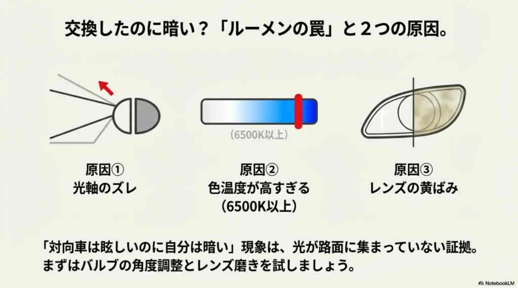 LEDバルブの角度調整（リフレクターへの反射）の図解と、ヘッドライトレンズのクリアな状態と黄ばんだ状態の比較イラスト。