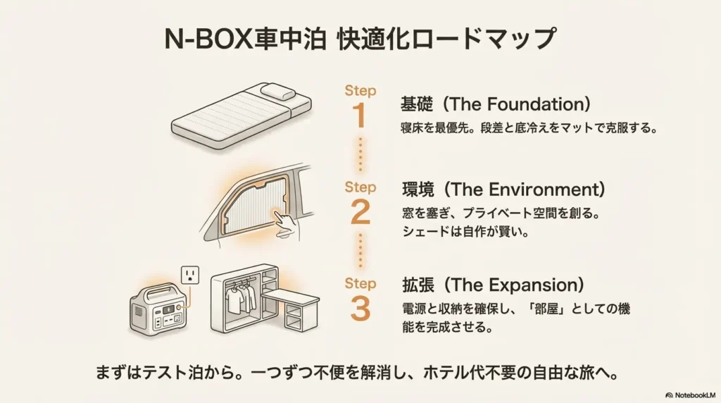 N-BOXで快適な車中泊を実現するための手順図。Step1：寝床の確保、Step2：プライバシー環境の構築、Step3：電源と収納の拡張を示すロードマップ。