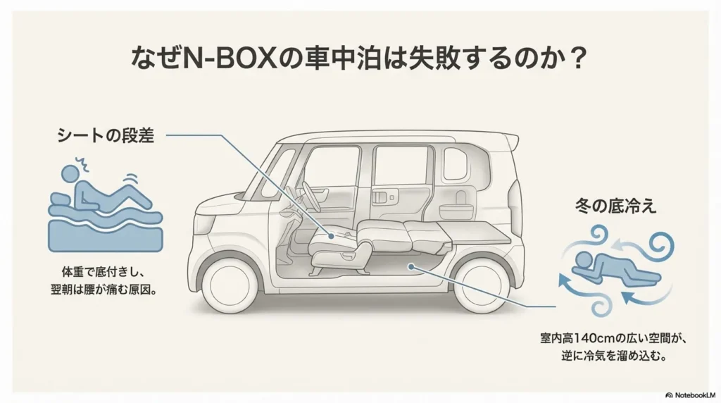 N-BOXでの車中泊が失敗するメカニズムの図解。シートの段差で腰が痛む様子と、広い室内高（140cm）により冷気が溜まり底冷えする様子を描写。