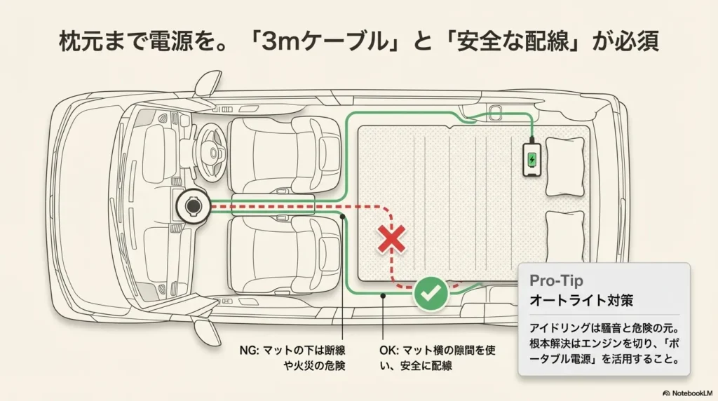 N-BOXの車内で前席から後席へ電源ケーブルを引き込む配線図。マットの下を通す危険なNG例と、マット横の隙間を通す安全なOK例、およびポータブル電源の活用推奨。