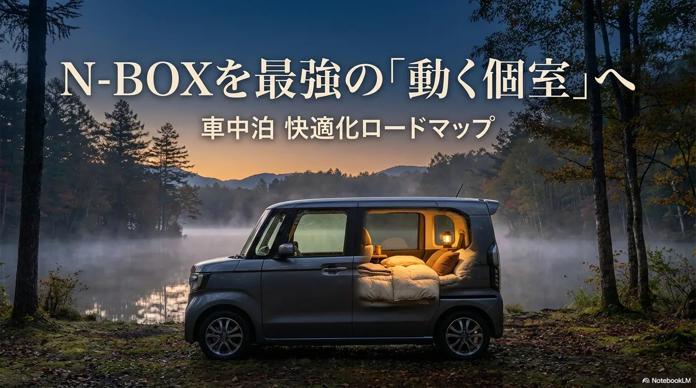 N-BOXでの車中泊を快適にするための完全ガイド。ニトリ製マットの活用や段差対策、電源確保を解説し、車内を最強の「動く個室」に変えるロードマップのアイキャッチ画像。