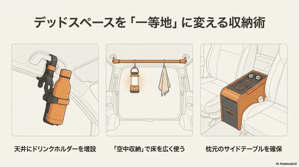 N-BOXの収納テクニック図解。アシストグリップに取り付けたドリンクホルダー、天井のインテリアバー、ウォークスルーに設置したコンソールボックスによるスペース活用例。