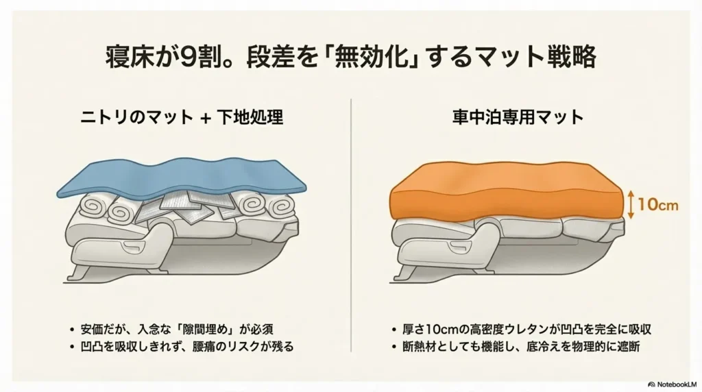 N-BOXのシート段差を解消する方法の比較図。大量のタオルで凹凸を埋める大変な作業と、厚さ10cmの専用マットを敷くだけでフラットになる様子の対比。