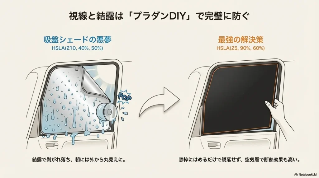 車中泊における吸盤タイプシェードの失敗例。窓の結露によって吸盤が外れ、シェードがめくれて車内が丸見えになっているイラスト。
