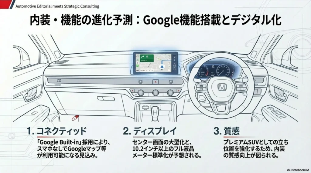 新型ヴェゼルの内装進化予測。Google Built-in搭載とディスプレイ大型化の詳細