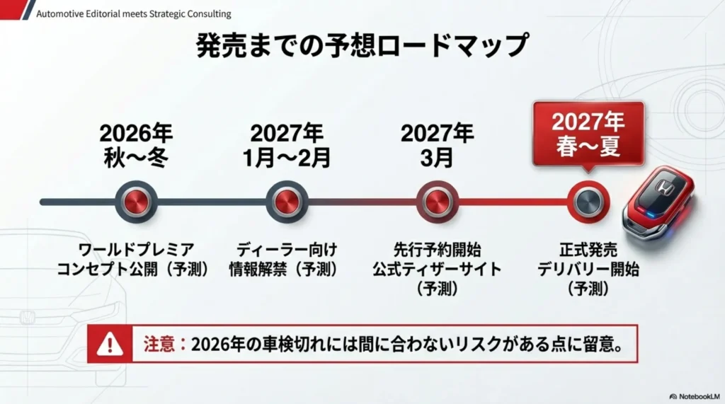 新型ヴェゼル発売までの予想ロードマップ。2026年情報解禁から2027年発売までのスケジュール