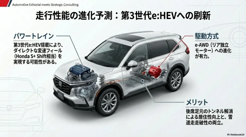 次期ヴェゼルの走行性能予測。第3世代e:HEVとリア独立モーター式e-AWDの採用