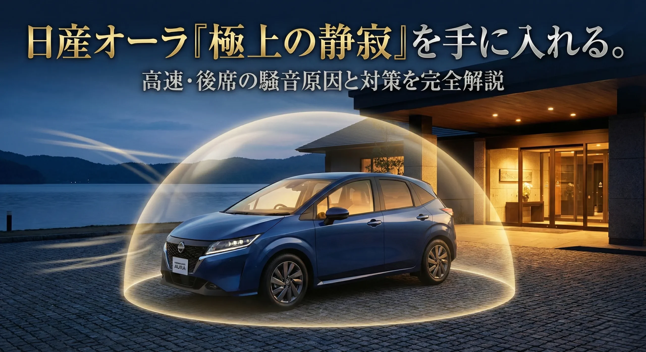 日産オーラが静寂のドームに包まれているイメージ画像。「極上の静寂を手に入れる。高速・後席の騒音原因と対策を完全解説」というキャッチコピー入り。