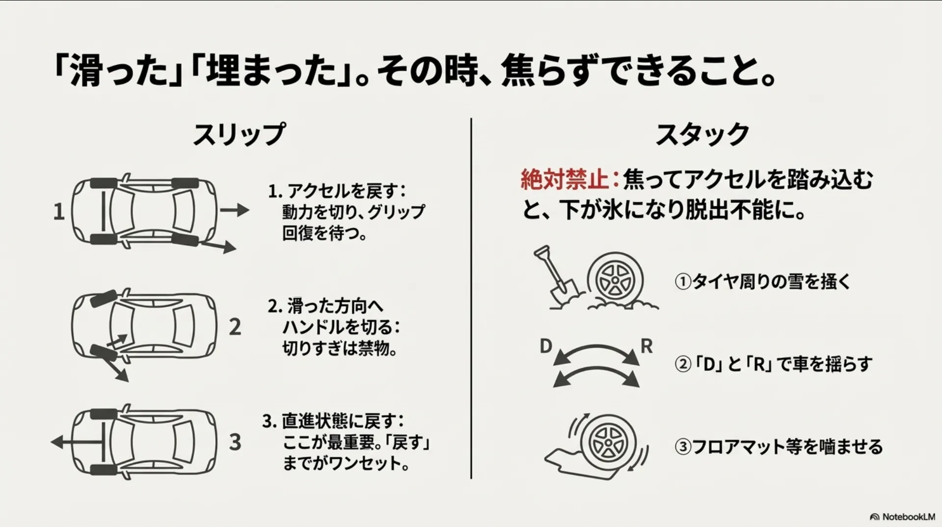 雪道トラブル対処法。スリップ時は滑った方向へハンドルを切る。スタック時はDとRを交互に入れて車を揺らすことで脱出する。